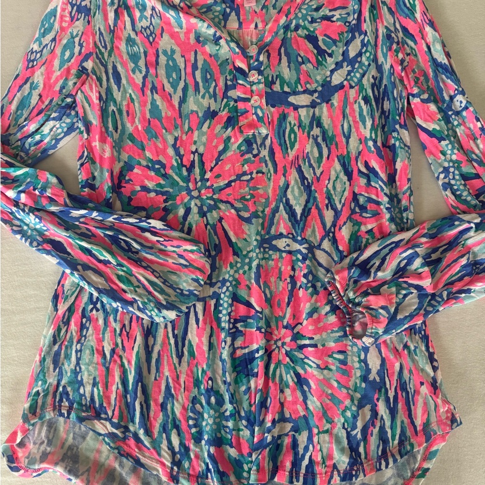 Lilly Pulitzer Pink and Blue Relaxed Notched Collar Blouse